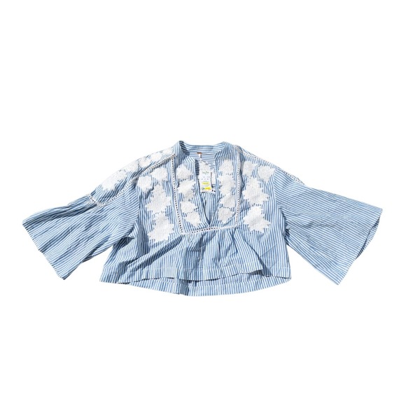 Free People Tops - Free People Top XS Blue Stripe Embroidered Flowers Boho Bell Sleeve NWT
